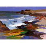 DONALD McINTYRE acrylic - coastal scene with crashing waves, signed with initials, 30 x 40cms