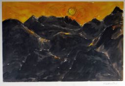 SIR KYFFIN WILLIAMS RA colourwash print - sunset over Snowdonia hills, signed in full, 38 x 54cms