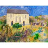 ANN REES oil on board - congregation leaving chapel on sunny day, entitled verso 'The Christening