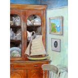 PAUL REES FRSA oil on canvas - interior study with china cabinet & sailboat, signed & dated 2001, 54