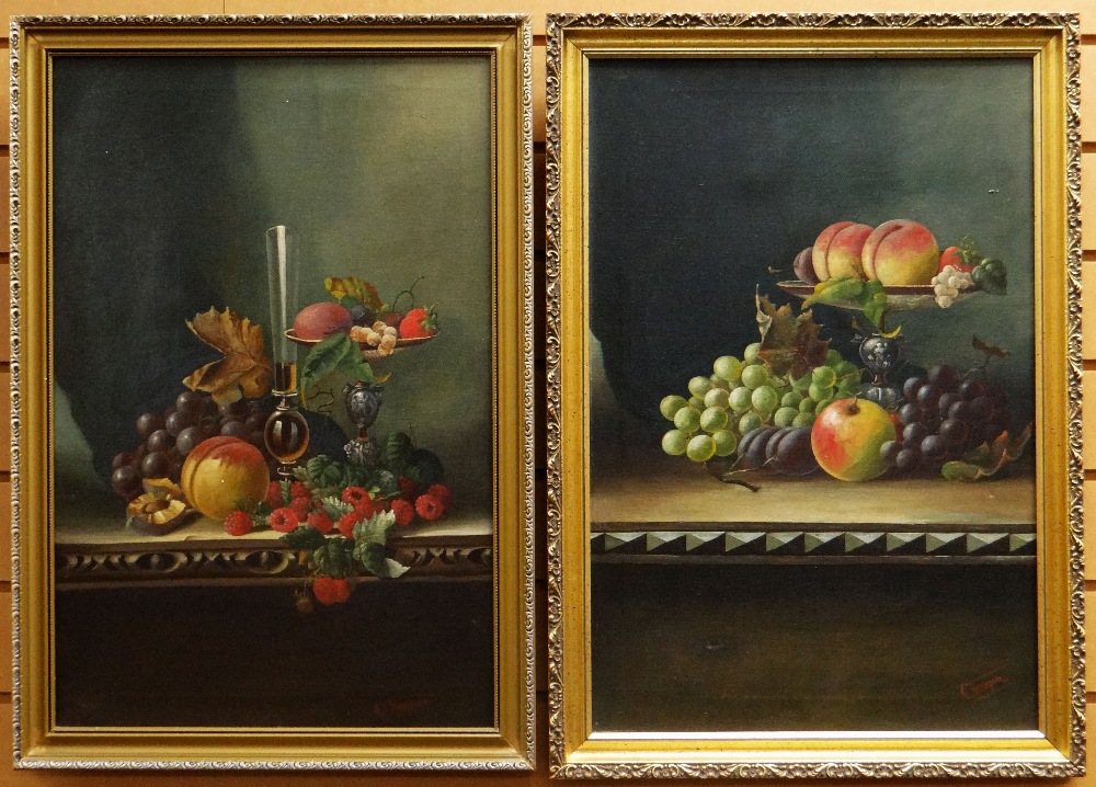 CHARLES THOMPSON oils on canvas, a pair - finely executed still life studies - 1. apples,