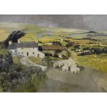 KEITH ANDREW oil on canvas - expansive landscape scene Gwyndy Bach with flock of sheep & two