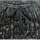 NICK EVANS oil on board - powerful & hypnotic coal mining illustration, depicting a vast number of