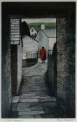 OGWYN DAVIES artist's proof print - lady in narrow village walkway, titled 'Gwli, Tregaron', signed,