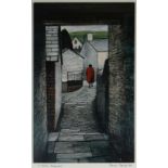 OGWYN DAVIES artist's proof print - lady in narrow village walkway, titled 'Gwli, Tregaron', signed,