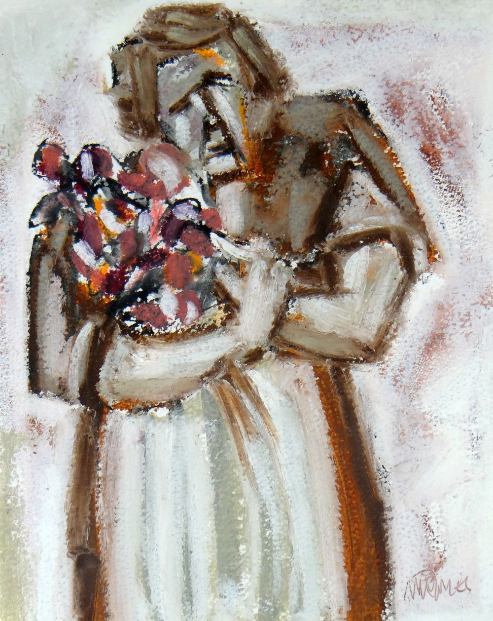 MIKE JONES mixed media on paper - figure with flowers, entitled verso 'Florist', signed, 25 x 20cms