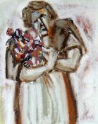 MIKE JONES mixed media on paper - figure with flowers, entitled verso 'Florist', signed, 25 x 20cms