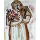 MIKE JONES mixed media on paper - figure with flowers, entitled verso 'Florist', signed, 25 x 20cms