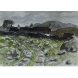 SIR KYFFIN WILLIAMS RA watercolour & pencil - rocky farm track with cottages under grey sky,