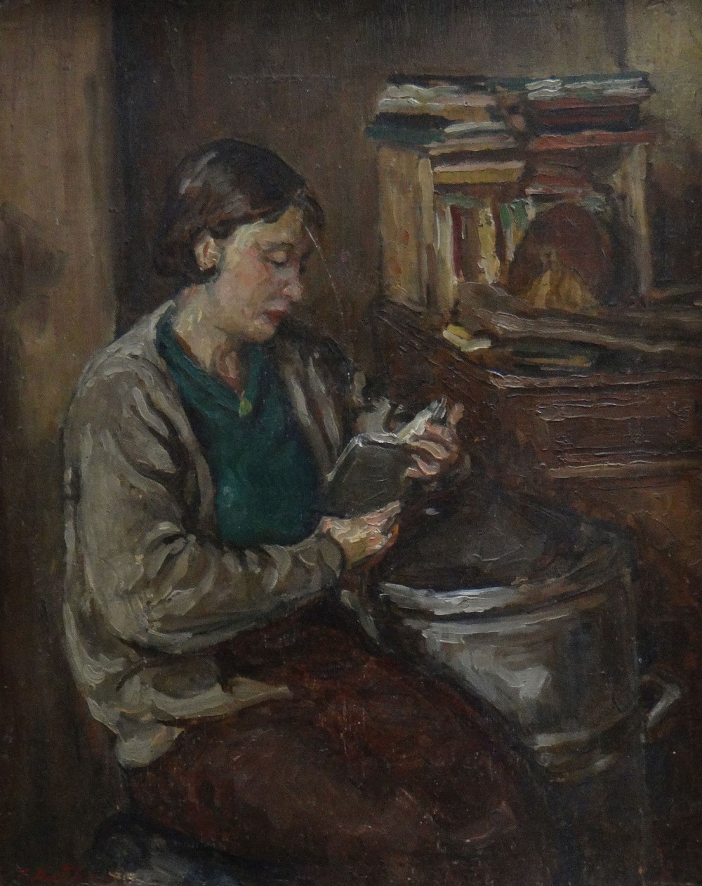 THOMAS RATHMELL oil on board - seated lady reading, signed, 50 x 39cms Condition Report: surface