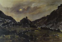 SIR KYFFIN WILLIAMS RA colourwash print - of a hillside farmstead at sunset, signed in full, 36 x