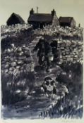 SIR KYFFIN WILLIAMS RA limited edition (52/150) monochrome print - farmer with sheep dog & bucket at