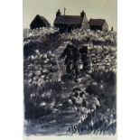 SIR KYFFIN WILLIAMS RA limited edition (52/150) monochrome print - farmer with sheep dog & bucket at