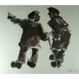 SIR KYFFIN WILLIAMS RA colourwash print - two farmers, one with a stick chatting earnestly, signed