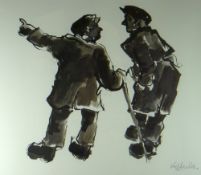 SIR KYFFIN WILLIAMS RA colourwash print - two farmers, one with a stick chatting earnestly, signed