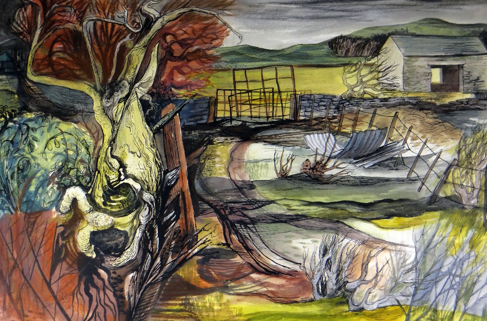 BERT ISAAC watercolour - farmland with barn and study of a tree, signed and dated 1952, 38 x 56cms