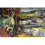 BERT ISAAC watercolour - farmland with barn and study of a tree, signed and dated 1952, 38 x 56cms