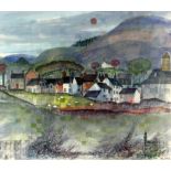 RAY EVANS watercolour - mid Wales village with colourful houses & sheep, entitled verso 'Cemaes,