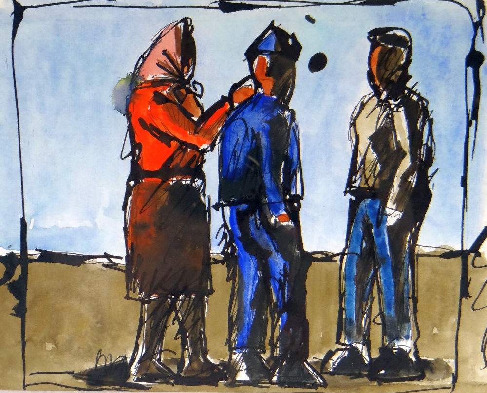 JOSEF HERMAN RA mixed media - three standing figures, entitled verso 'Burgundy Peasants', signed