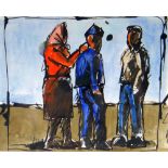 JOSEF HERMAN RA mixed media - three standing figures, entitled verso 'Burgundy Peasants', signed