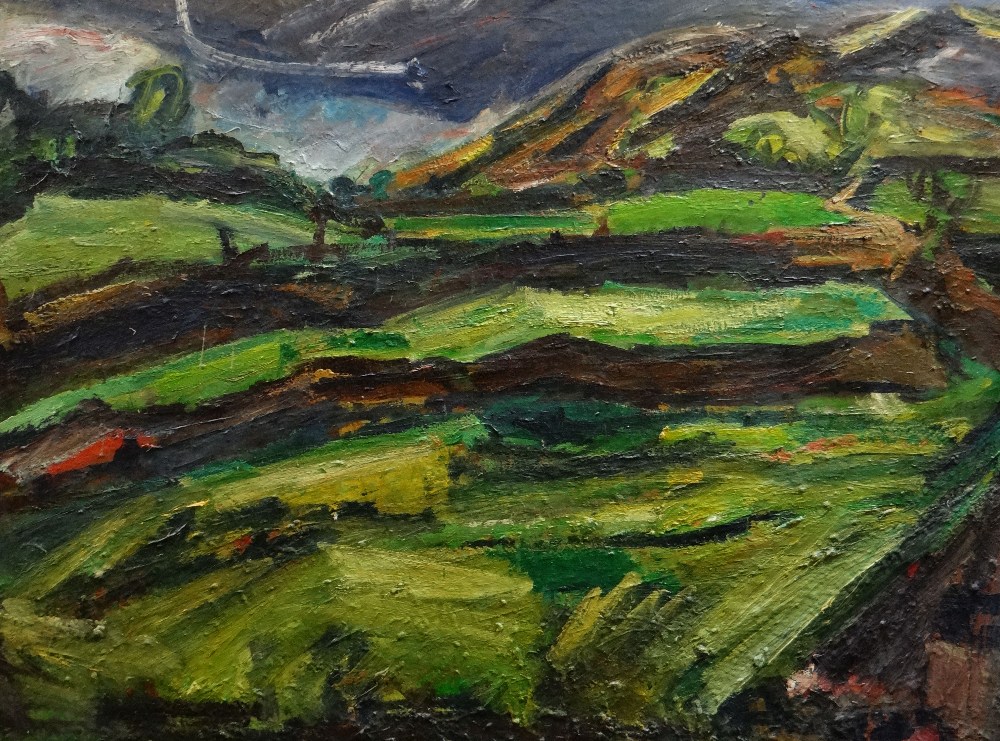 PETER PRENDERGAST oil on canvas - Snowdonia landscape with stormy sky, indistinctly titled
