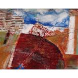 PAUL REES FRSA oil & construction on board - semi-abstract entitled verso 'Llantwit Major', signed &