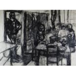 SHANI RHYS JAMES MBE charcoal - domestic kitchen study of figures at table, entitled verso 'The