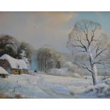 PETER COSSLETT oil on canvas - snowy village scene with horse & cart with church in background,