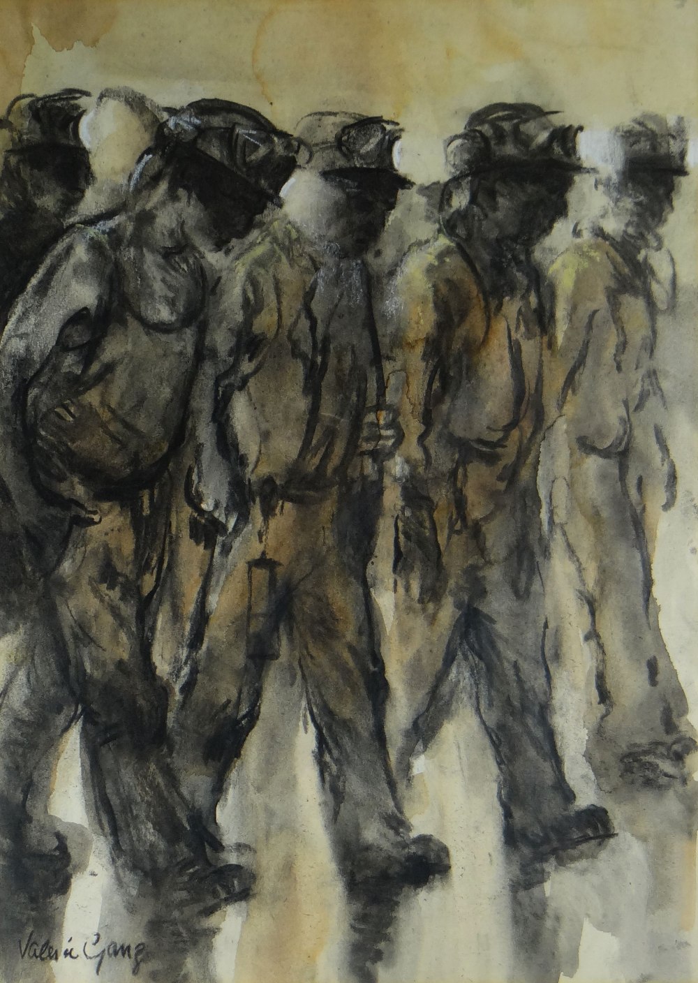 VALERIE GANZ mixed media - crowd of walking miners, signed, 42 x 29cms