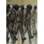 VALERIE GANZ mixed media - crowd of walking miners, signed, 42 x 29cms