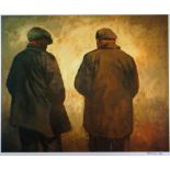 ANEURIN JONES coloured print - two standing farmers entitled verso 'Goleuni (Light)', signed lower