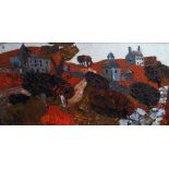 GWILYM PRICHARD oil on board - Penmon Priory with buildings etc, signed, 60 x 121cms