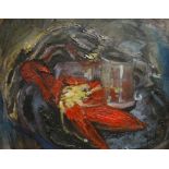 DAN LLYWELYN HALL oil on canvas - still-life entitled verso 'Two Jugs, Wrapped in Cloth', signed