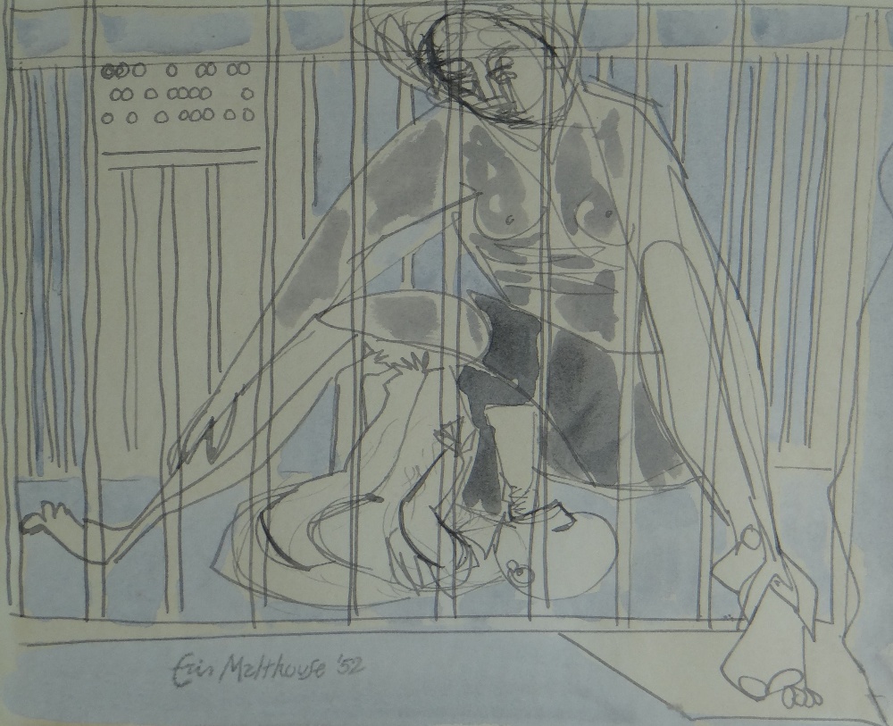 ERIC MALTHOUSE watercolour & inkwash - imprisoned mother and child, signed and dated 1952, 22 x