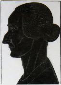 ERIC GILL wood engraving - silhouette portrait of a lady with hair up, entitled 'Mrs Williams',