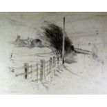 KEITH ANDREW pencil - landscape windswept lane with farmstead, signed & dated 1986, 37 x 47cms