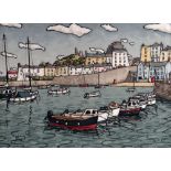 ALAN WILLIAMS oil on board - boats and buildings, entitled verso 'Tenby Harbour', signed, 44 x