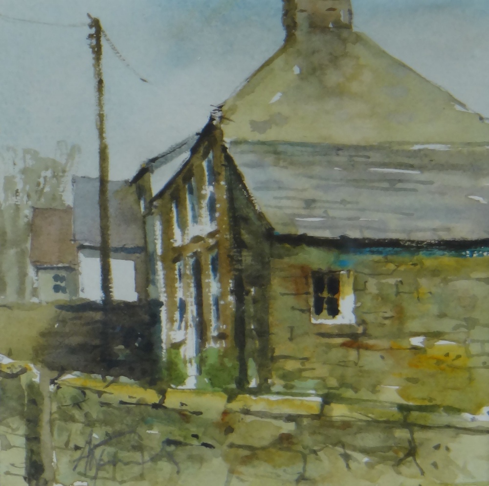 ANDREW DOUGLAS FORBES watercolour, a pair - single whitewashed cottage on a hillside and stonework