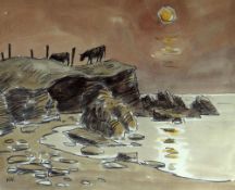 SIR KYFFIN WILLIAMS RA coloured print - coastline with headland and two grazing cows, printed