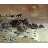 SIR KYFFIN WILLIAMS RA coloured print - coastline with headland and two grazing cows, printed