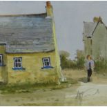 ANDREW DOUGLAS FORBES watercolour, a pair - figure walking beside old stonework terraced house and