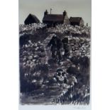 SIR KYFFIN WILLIAMS RA colourwash print - farmstead with a farmer & his dog descending a path,