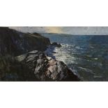 MEIRION JONES acrylic on board - Cardigan Bay coastal view, entitled verso 'Ynys Lochtyn', 33 x 62.