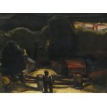 JOSEF HERMAN RA oil on canvas - important and prestigious oil on canvas with figure at a gate, under