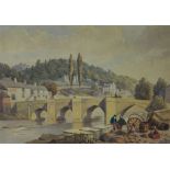ATTRIBUTED TO JOHN SELL COTMAN watercolour - Llangollen Bridge with figures chatting by a wall &