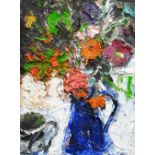 SHANI RHYS JAMES MBE oil on canvas - 'Vase of Flowers', colourful still-life of flowers in a blue