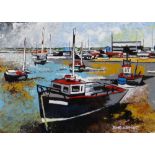 HOWELL DAVIES acrylic on board - colourful beached boats, signed, 17 x 23cms