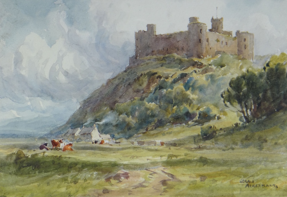 GERALD ACKERMANN (1876-1960) watercolour - view of Harlech Castle with grazing cattle, signed, 17