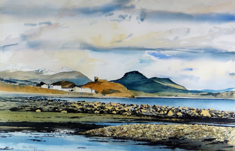 ROB PIERCY watercolour - Criccieth Castle from the Southern seaward side with snow capped