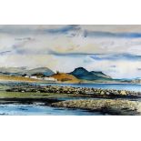 ROB PIERCY watercolour - Criccieth Castle from the Southern seaward side with snow capped